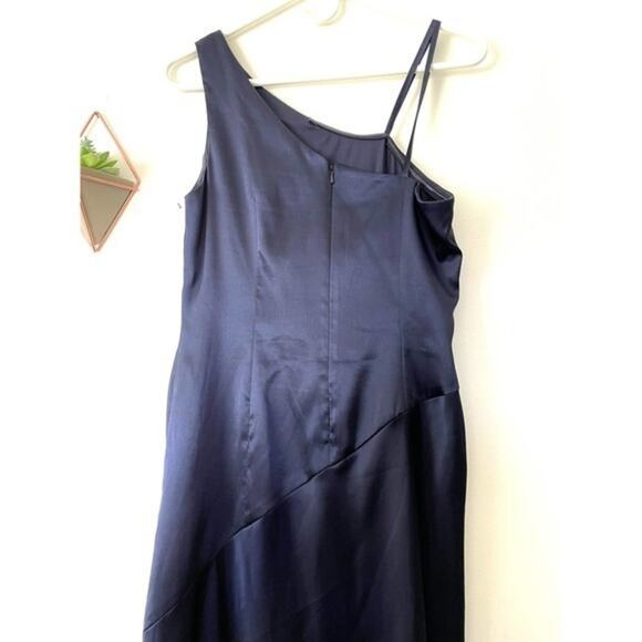 Adrianna Papell Collection Navy Blue Satin Pleated One Shoulder Formal Gown - Picture 4 of 4